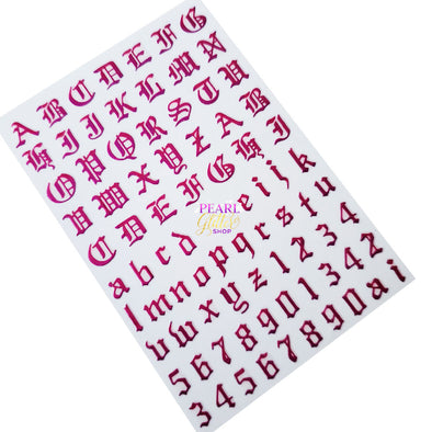 Old English Numbers & Letters Nail Stickers Dark Magenta
