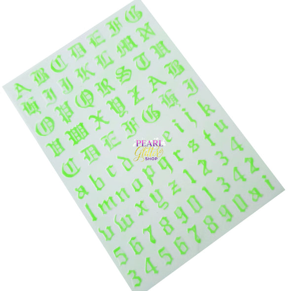 Old English Numbers & Letters Nail Stickers Lime